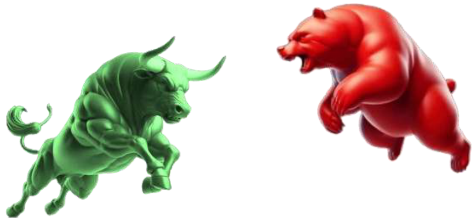 Un taureau vert et un ours rouge face à face, symboles des marchés haussier et baissier